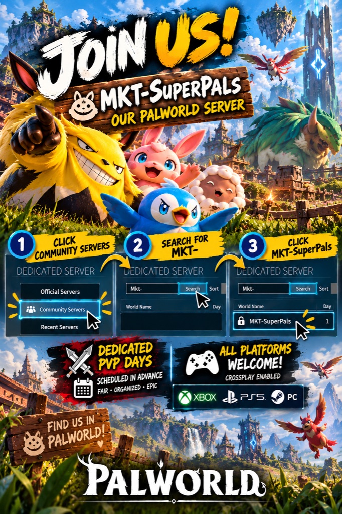 Join instructions: 1. Click Community Servers. 2. Search for MKT-. 3. Click MKT-SuperPals.